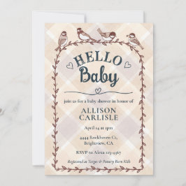 013 Chocolate Watercolor Gingham Birds Baby Shower 招待状