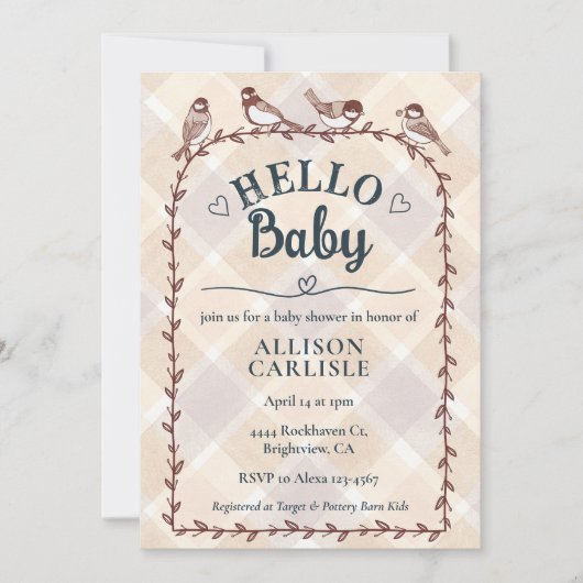 013 Chocolate Watercolor Gingham Birds Baby Shower 招待状 (正面)
