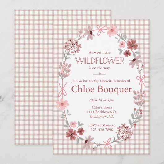013 Chocolate Wildflower Bow Gingham Baby Shower 招待状 (正面/裏面)