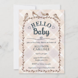 014 ラテ水彩ギンガム鳥ベイビーシャワー 招待状