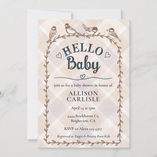 014 ラテ水彩ギンガム鳥ベイビーシャワー 招待状 (正面)