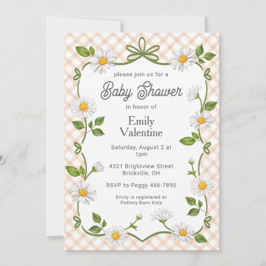 014 Latte Brown Floral Daisy Plaid Baby Shower 招待状 (正面)