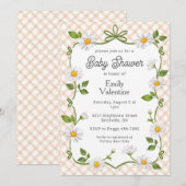 014 Latte Brown Floral Daisy Plaid Baby Shower 招待状 (正面/裏面)