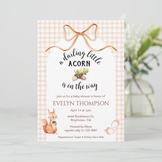 014 Latte Squirrel Acorn Gingham Bow Baby Shower 招待状 (スタンド正面)