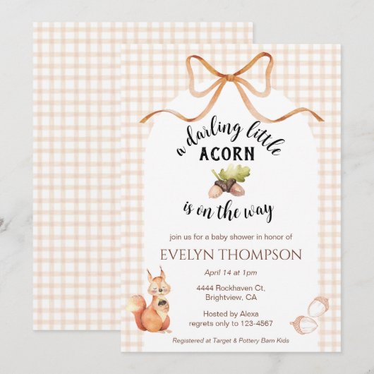 014 Latte Squirrel Acorn Gingham Bow Baby Shower 招待状 (正面/裏面)