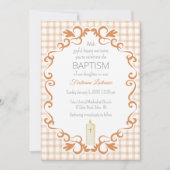 014 Latte Tan Scroll Gingham Cross Candle Baptism 招待状 (正面)