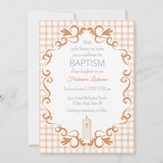 014 Latte Tan Scroll Gingham Cross Candle Baptism 招待状 (正面)