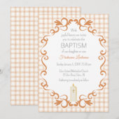 014 Latte Tan Scroll Gingham Cross Candle Baptism 招待状 (正面/裏面)