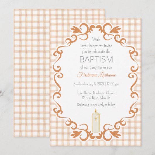 014 Latte Tan Scroll Gingham Cross Candle Baptism 招待状 (正面/裏面)