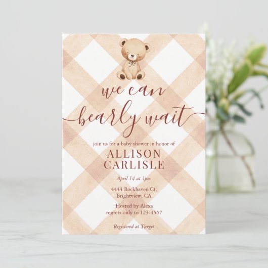 014 Latte Tan Teddy Bear Gingham Baby Shower 招待状 (スタンド正面)