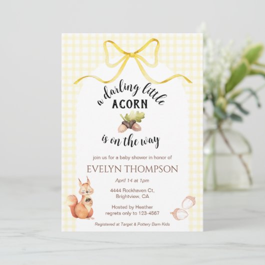 015 Lemon Cute Squirrel Acorn Gingham Baby Shower 招待状 (スタンド正面)