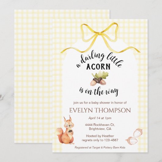 015 Lemon Cute Squirrel Acorn Gingham Baby Shower 招待状 (正面/裏面)