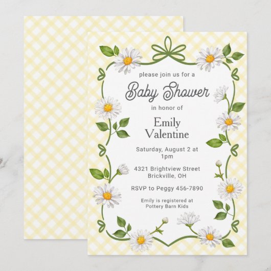 015 Lemon Daisy Plaid Baby Shower 招待状 (正面/裏面)