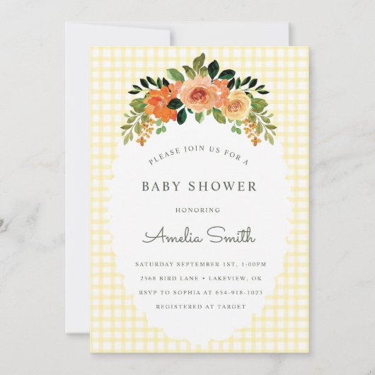015 Lemon Floral Gingham Baby Shower Invitations 招待状 (正面)