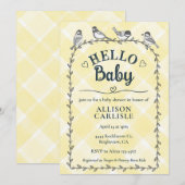015 Lemon Watercolor Gingham Birds Baby Shower 招待状 (正面/裏面)