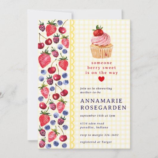 015 Lemon Yellow Berry Patch Cupcake Baby Shower 招待状 (正面)