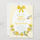 015 Lemon Yellow Daisy Bow Gingham Baby Shower 招待状 (正面)