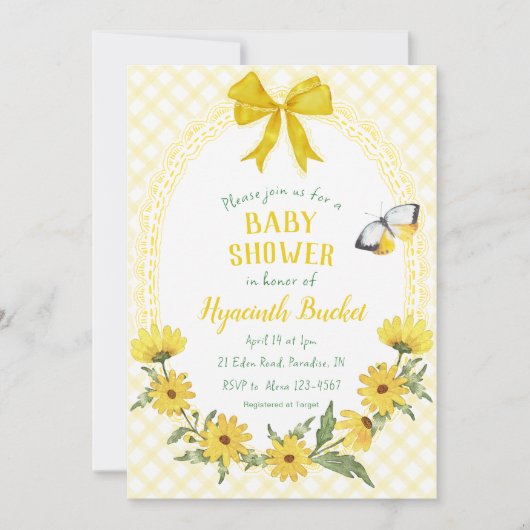 015 Lemon Yellow Daisy Bow Gingham Baby Shower 招待状 (正面)
