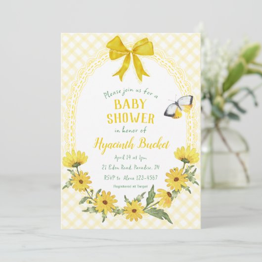 015 Lemon Yellow Daisy Bow Gingham Baby Shower 招待状 (スタンド正面)