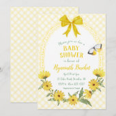 015 Lemon Yellow Daisy Bow Gingham Baby Shower 招待状 (正面/裏面)