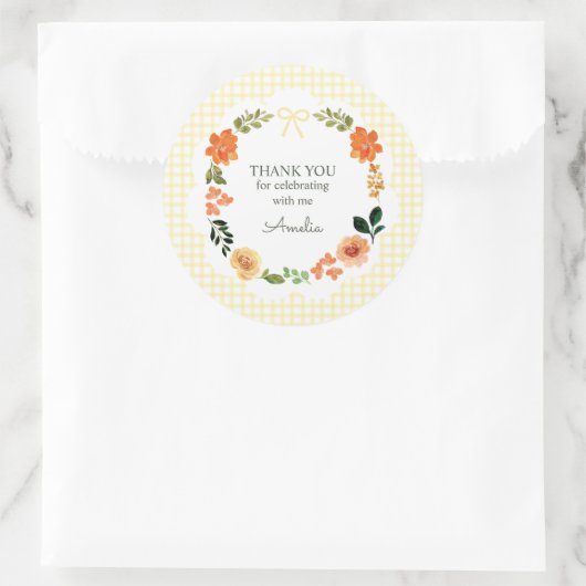 015 Lemon Yellow Floral Gingham Baby Shower ラウンドシール (バッグ)