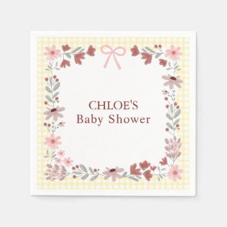 015 Lemon Yellow Wildflower Bow Gingham Shower スタンダードカクテルナプキン