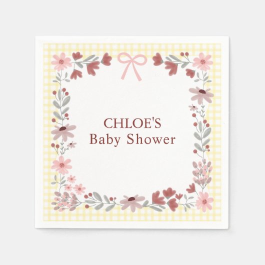 015 Lemon Yellow Wildflower Bow Gingham Shower スタンダードカクテルナプキン (正面)