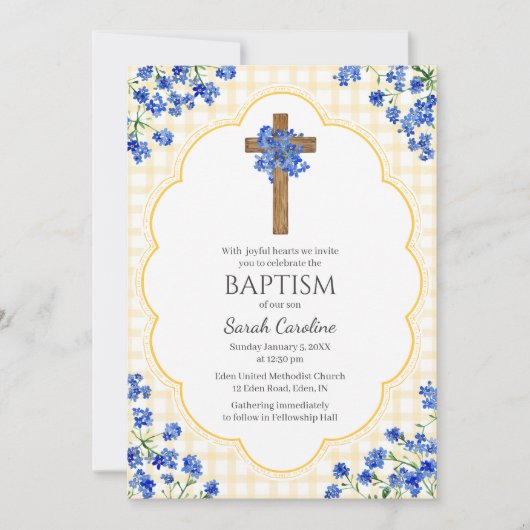 016 Marigold Blossom Rustic Cross Design Baptism 招待状 (正面)