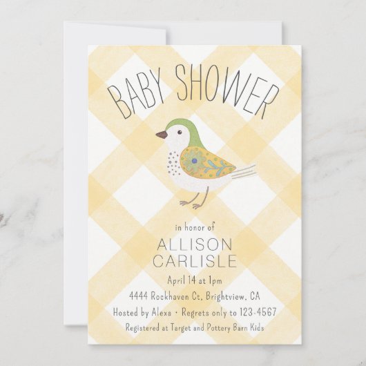 016 Marigold Cute Floral Bird Gingham Baby Shower 招待状 (正面)