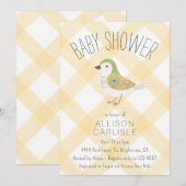 016 Marigold Cute Floral Bird Gingham Baby Shower 招待状 (正面/裏面)