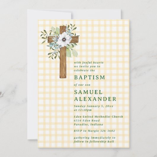 016 Marigold Rustic Greenery Wooden Cross Baptism 招待状 (正面)