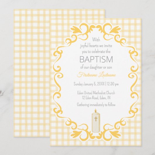 016 Marigold Scroll Gingham Cross Candle Baptism 招待状 (正面/裏面)