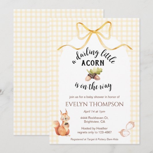 016 Marigold Squirrel Acorn Gingham Baby Shower 招待状 (正面/裏面)