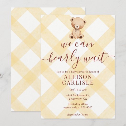 016 Marigold Teddy Bear Gingham Baby Shower 招待状 (正面/裏面)
