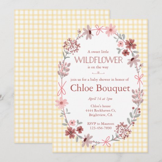 016 Marigold Wildflower Bow Gingham Baby Shower 招待状 (正面/裏面)