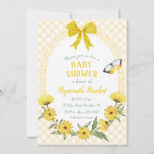 016 Marigold Yellow Daisy Bow Gingham Baby Shower 招待状 (正面)