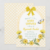 016 Marigold Yellow Daisy Bow Gingham Baby Shower 招待状 (正面/裏面)