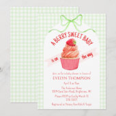 017 モスグリーンのベリー スウィート ストロベリー ベイビー シャワー 招待状 (正面/裏面)