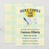017 Moss Gingham Plaid Stork Boho Baby Shower 招待状 (正面/裏面)