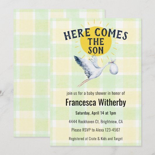 017 Moss Gingham Plaid Stork Boho Baby Shower 招待状 (正面/裏面)