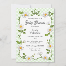 017 Moss Green Floral Daisy Plaid Baby Shower 招待状