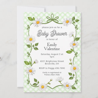 017 Moss Green Floral Daisy Plaid Baby Shower 招待状