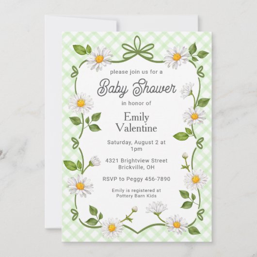 017 Moss Green Floral Daisy Plaid Baby Shower 招待状 (正面)