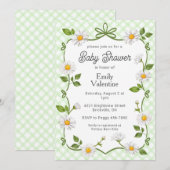 017 Moss Green Floral Daisy Plaid Baby Shower 招待状 (正面/裏面)