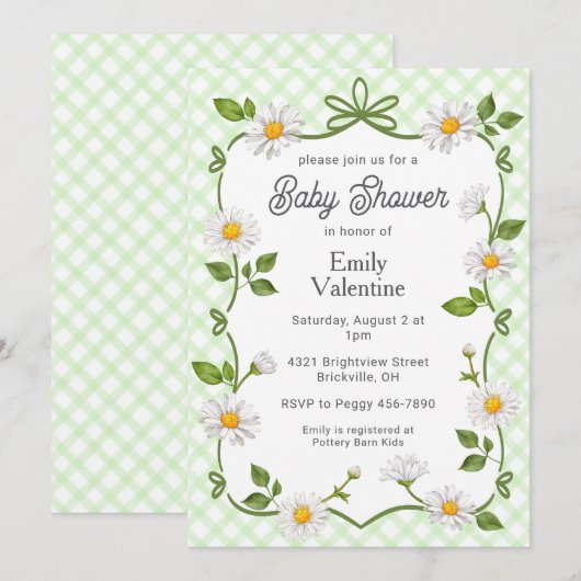 017 Moss Green Floral Daisy Plaid Baby Shower 招待状 (正面/裏面)