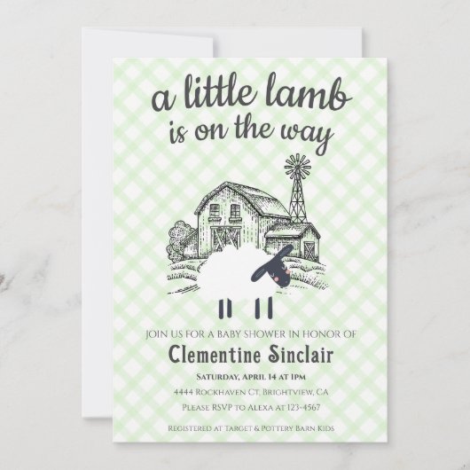 017 Moss Green Little Lamb Farm Plaid Baby Shower 招待状 (正面)