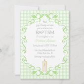017 Moss Green Scroll Gingham Cross Candle Baptism 招待状 (正面)