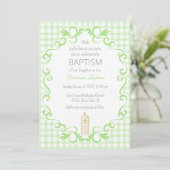 017 Moss Green Scroll Gingham Cross Candle Baptism 招待状 (スタンド正面)