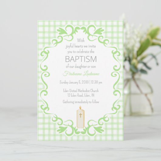017 Moss Green Scroll Gingham Cross Candle Baptism 招待状 (スタンド正面)