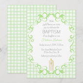 017 Moss Green Scroll Gingham Cross Candle Baptism 招待状 (正面/裏面)